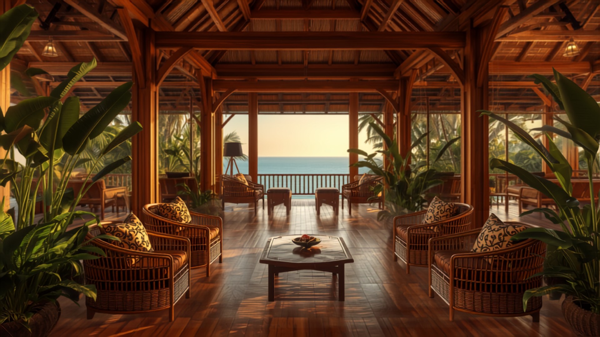 Airy lobby lounge with timber, rattan and sea views