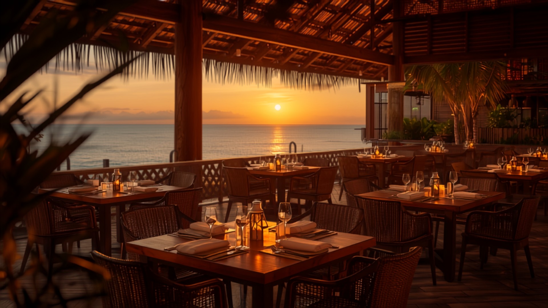 Open-air sunset dining pavilion above the sea